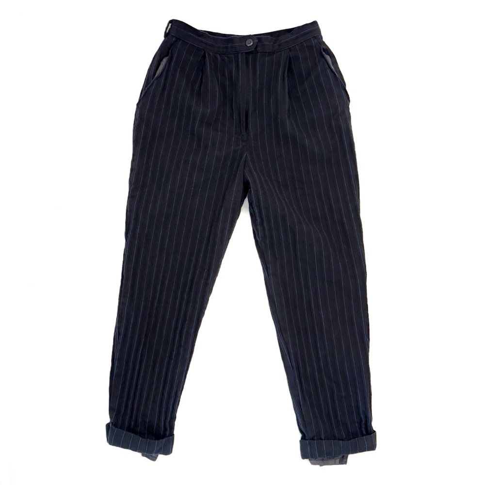 Vintage Gianni Sport Black Blue Pinstriped Lined Wool Preppy Retro Trousers